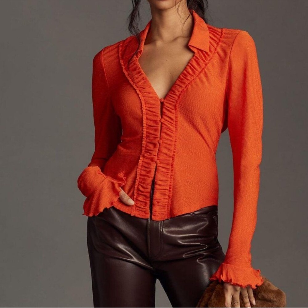 Anthropologie | Maeve ruched long sleeve top size medium orange